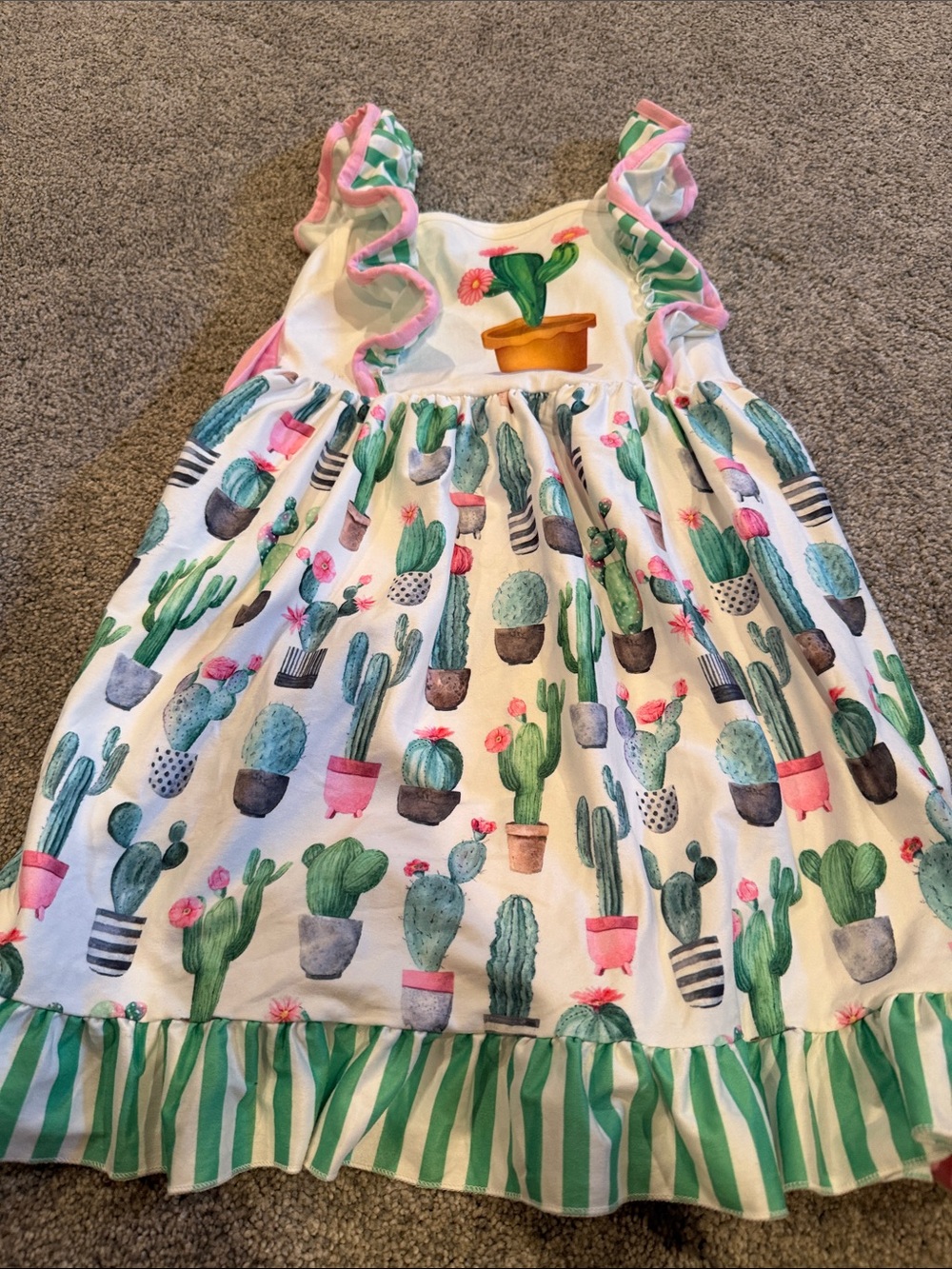 Girls Cactus Print Ruffle Sundress - White & Green